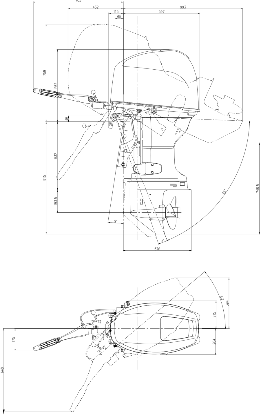 Outline dimension drawing of F50 F60 D/T model side view