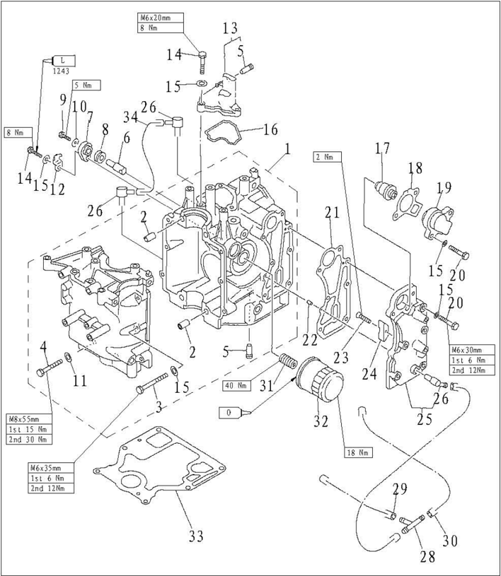Crankcase assembly explosive drawing
