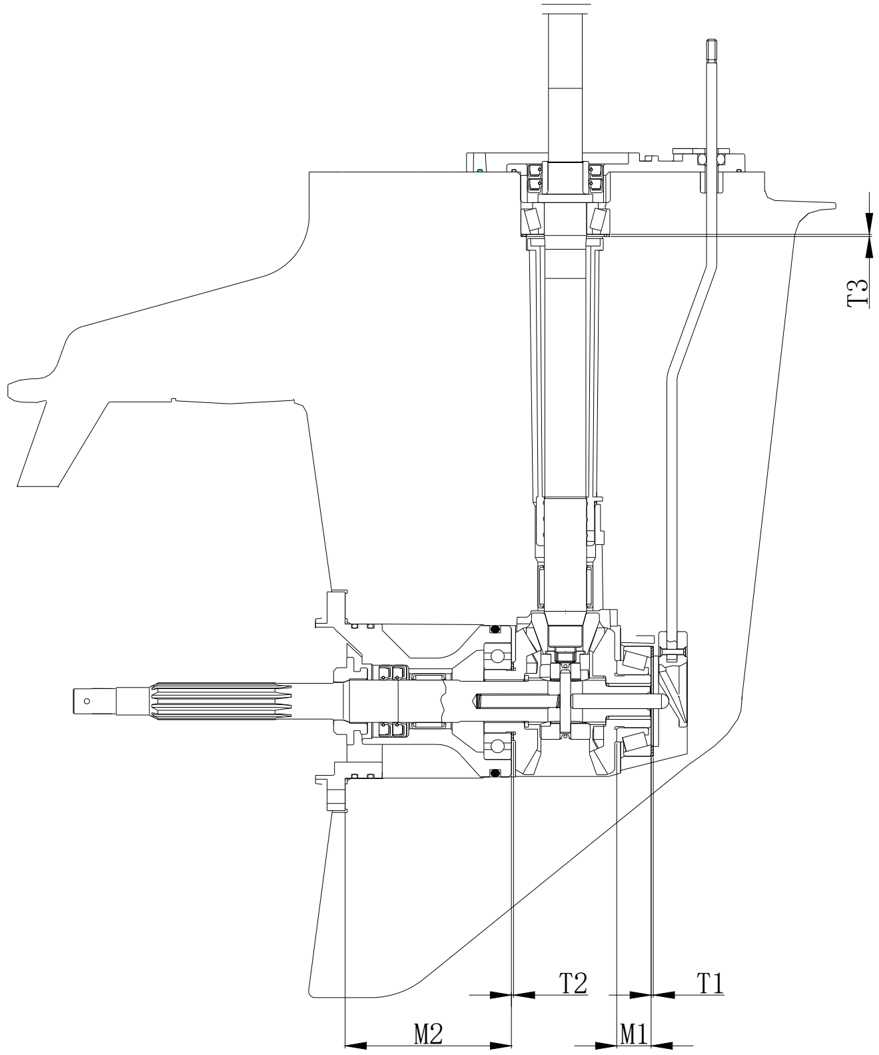Deviation value marks F, R and P on lower casing unit surface