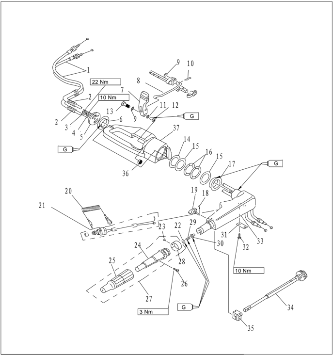 Steering handle explosive drawing with parts labeled