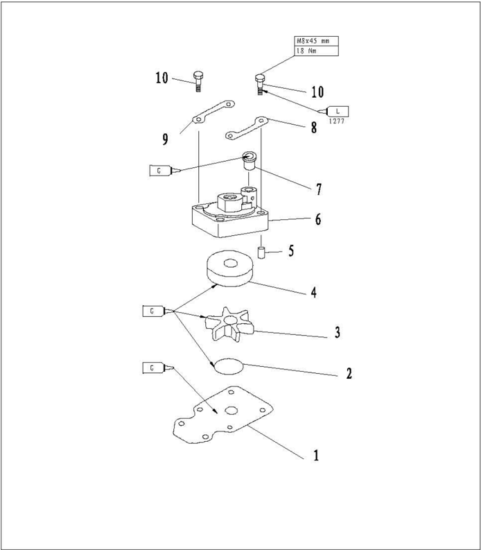 Water pump assembly explosive drawing with parts labeled