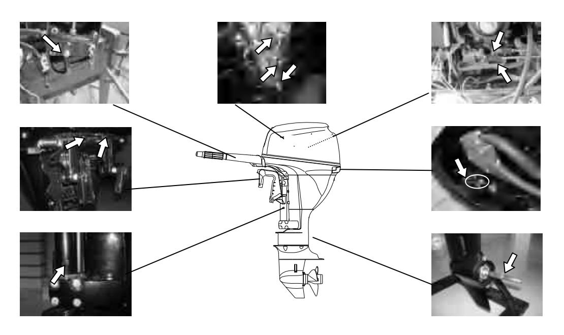 Esquema dos pontos de lubrificação do motor de popa