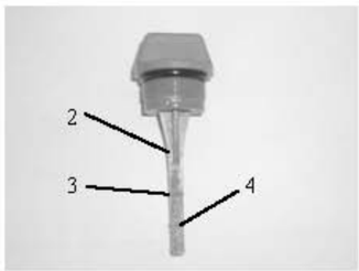 Oil dipstick showing upper and lower level marks