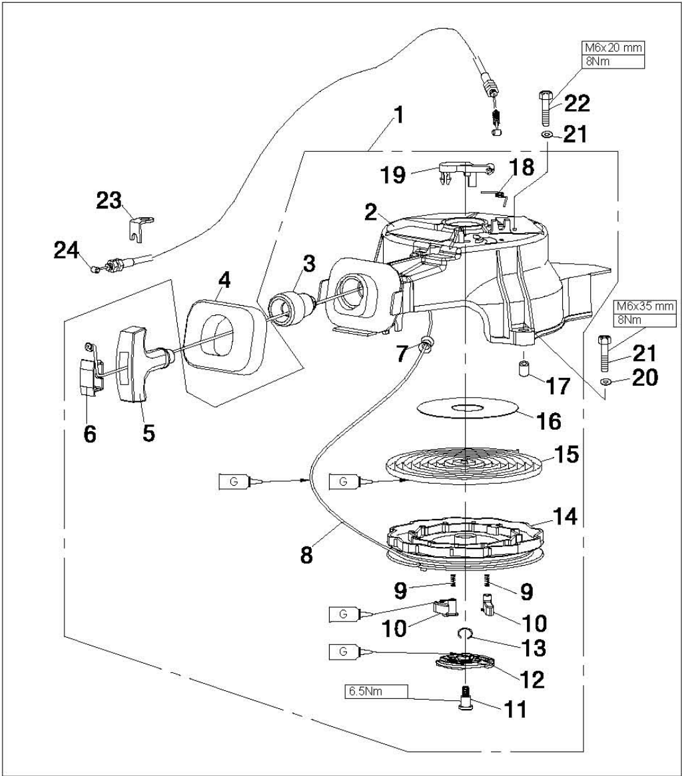 Recoil starter explosive drawing with numbered parts