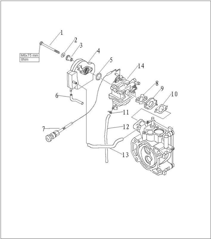 Disegno del gruppo carburatore e silenziatore di aspirazione