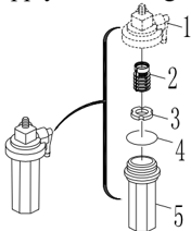 Composants du filtre à carburant montrant le couvercle de la coupelle, le tamis, le flotteur, le joint torique et la coupelle