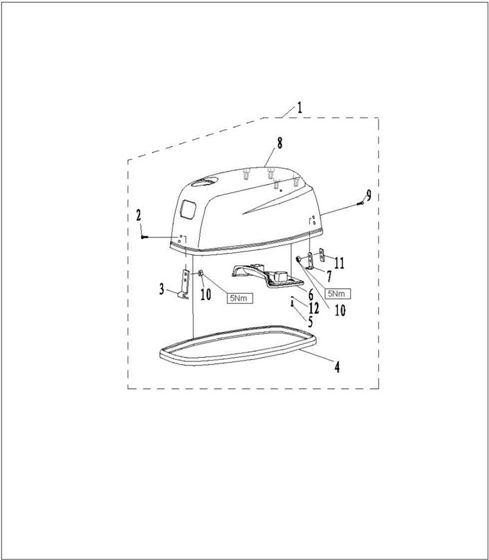 Top cowling parts list with lock hook and rubber underlay