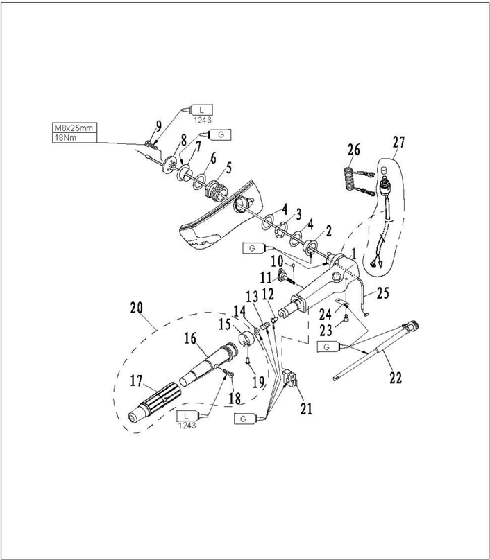 Steering handle throttle lever, cable, and stop switch parts