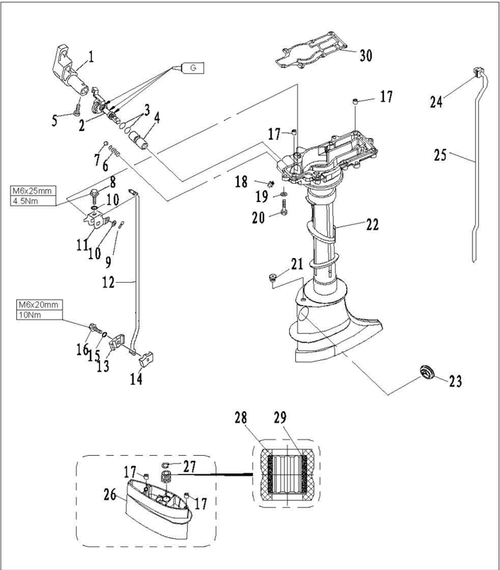 Upper unit parts continued with shift rod lever and connectors