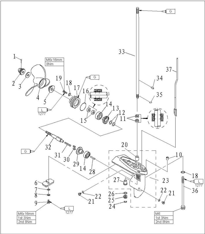 Lower unit gear assembly explosive drawing with propeller and gears